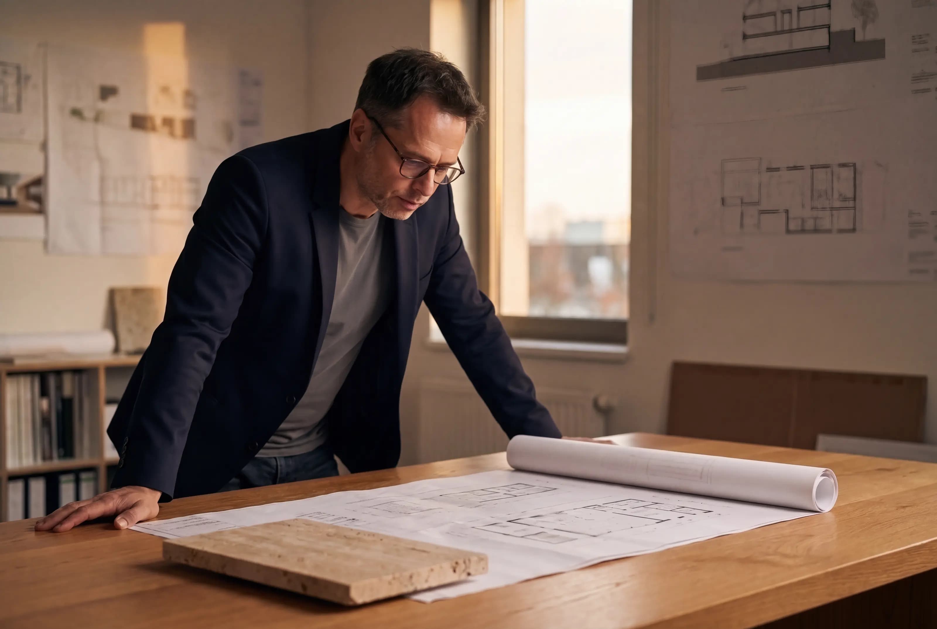 Ran Balbus studying architectural drawings at a planning table